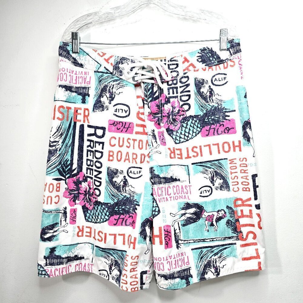 Hollister Off White Comic Hawaiian Girl Hula Stamp Swim Board Shorts